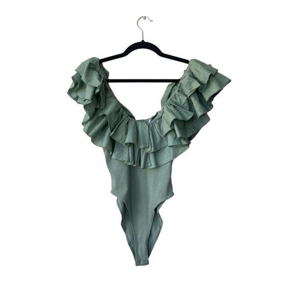 Zara Forest Fairy Bodysuit Size M Ruffle Coquette Feminine Dainty Festival Green - Picture 5 of 12